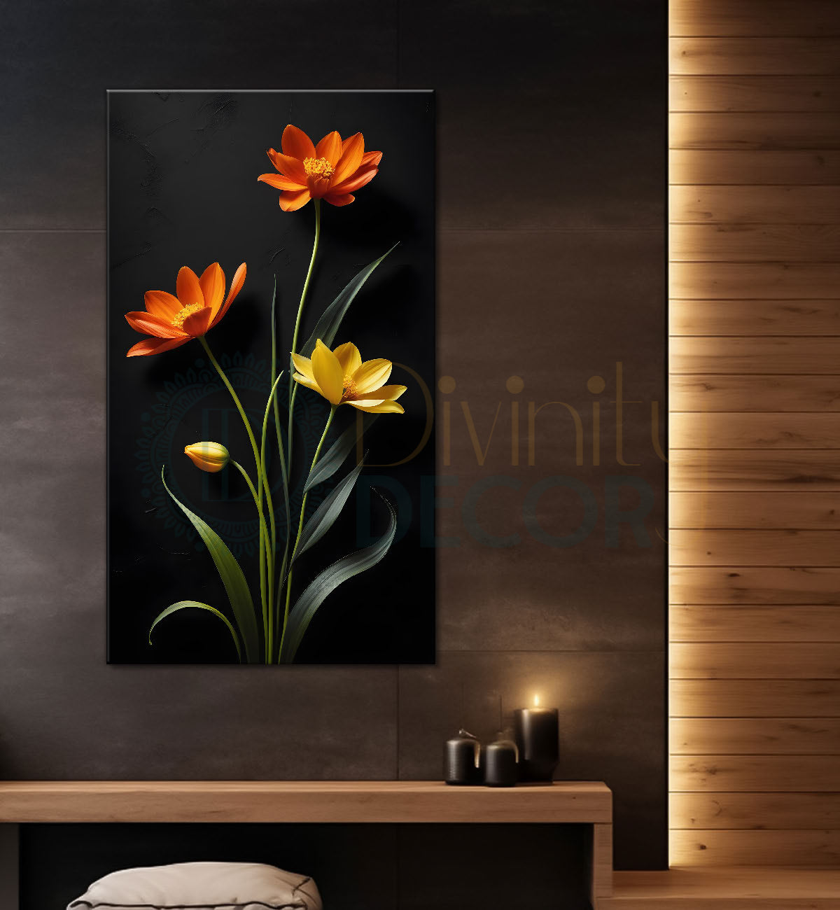Orange flowers in dark textured painting- Flower-V-403