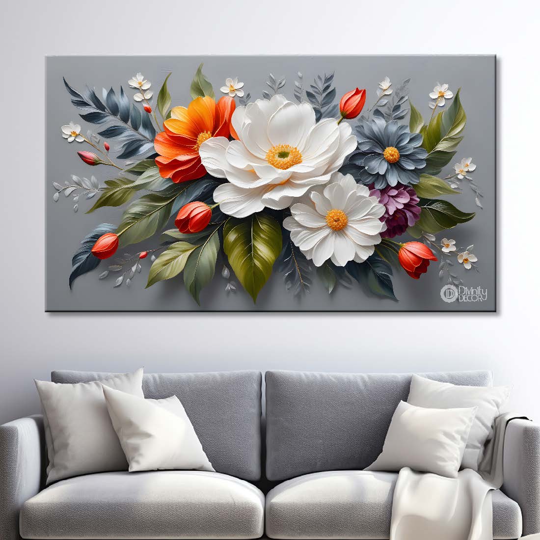 Colorful flowers in grey background canvas painting- Flower-405