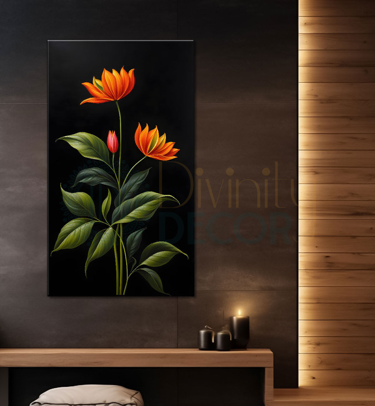 Orange flowers in dark textured painting- Flower-V-405