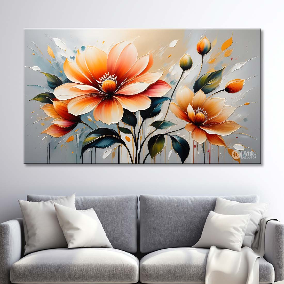 Orange flower in light background canvas painting- Flower-406