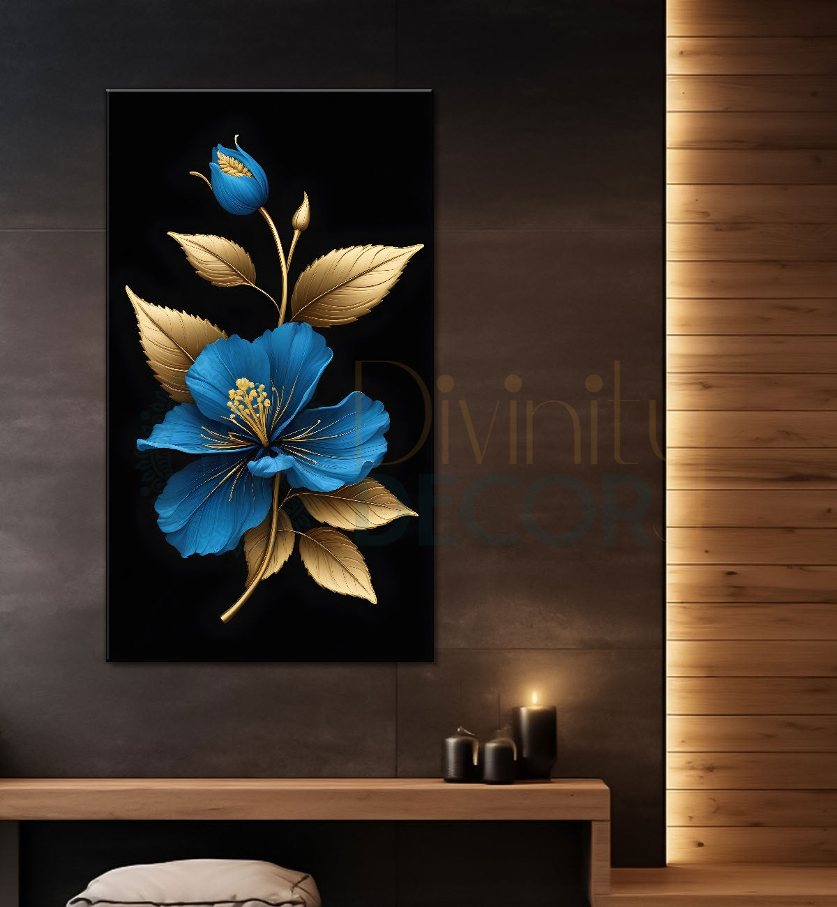 Blue hibiscus flower in dark textured painting- Flower-V-406