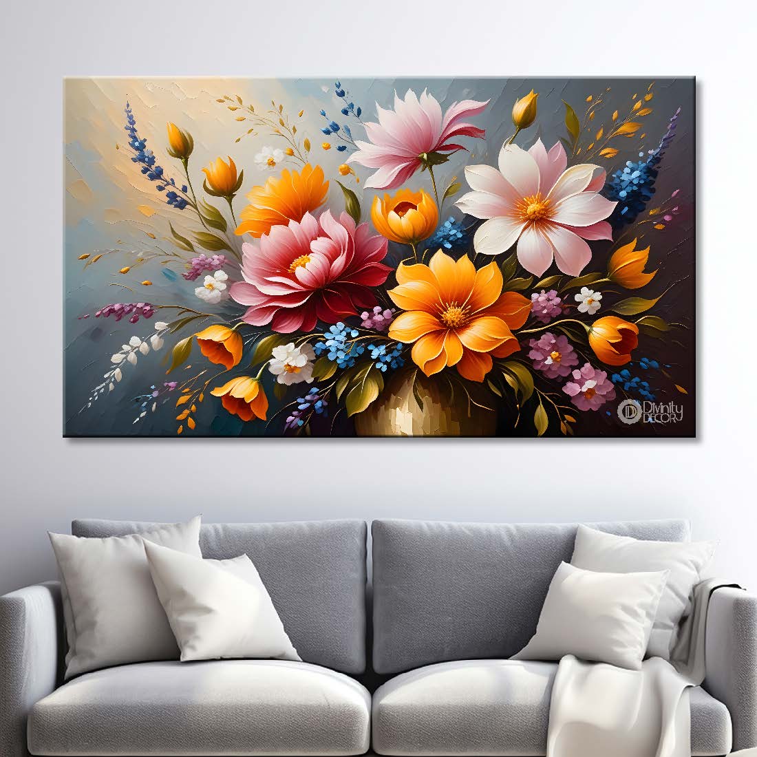 Colorful flowers in grey background canvas painting- Flower-407