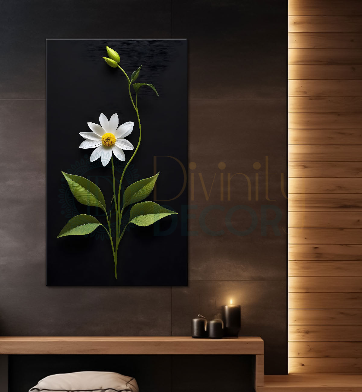 White flower in dark textured painting- Flower-V-407