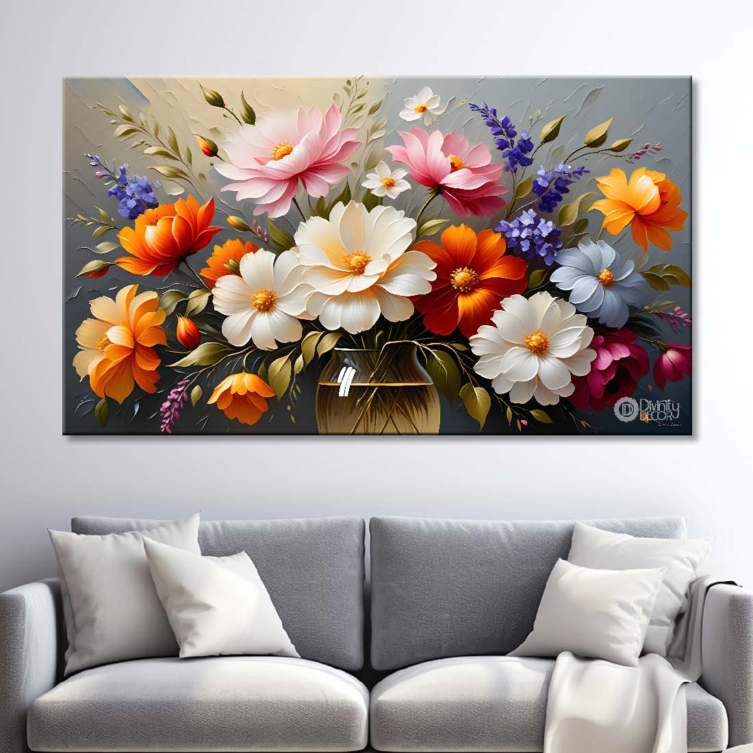 Colorful flowers in grey background canvas painting- Flower-408