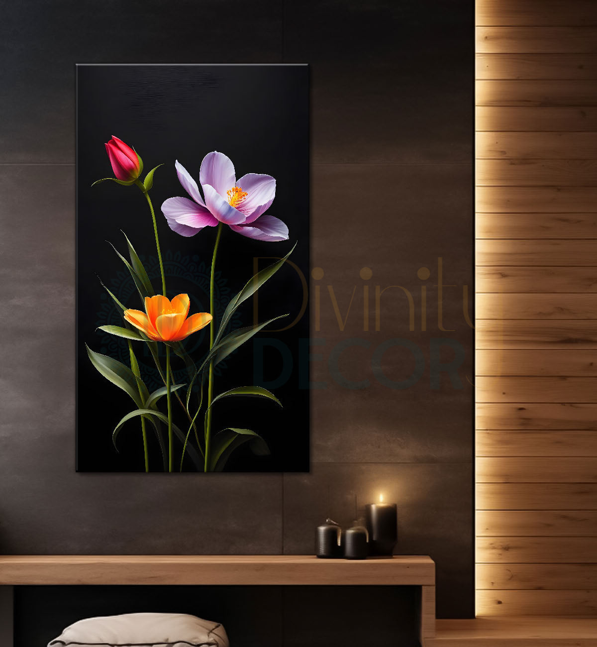 Orange and purple flowers in dark textured painting- Flower-V-408
