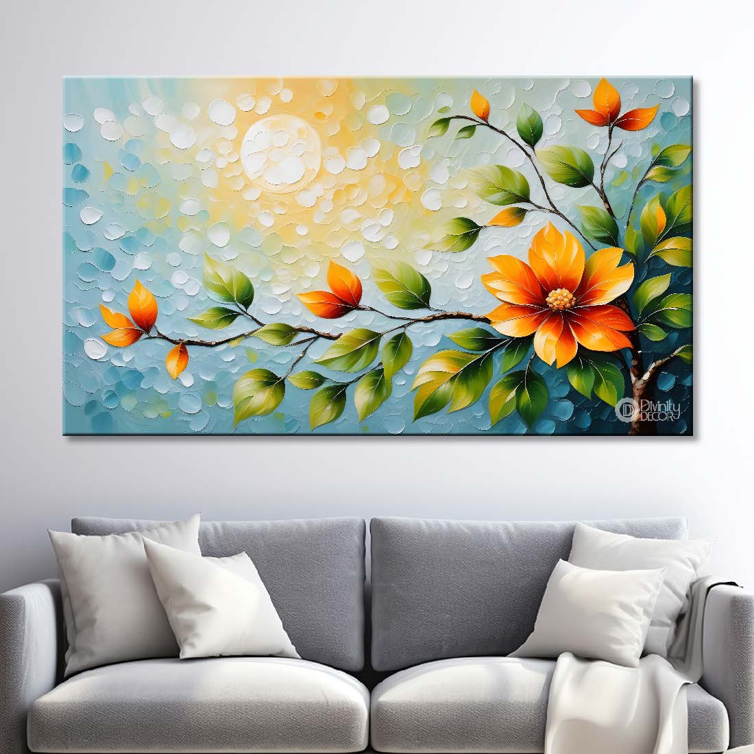 Yellow flowers in blue background canvas painting- Flower-409