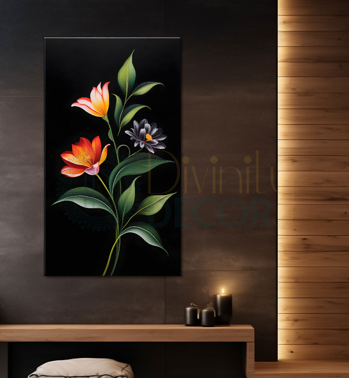 Orange and yellow flowers in dark textured painting- Flower-V-409