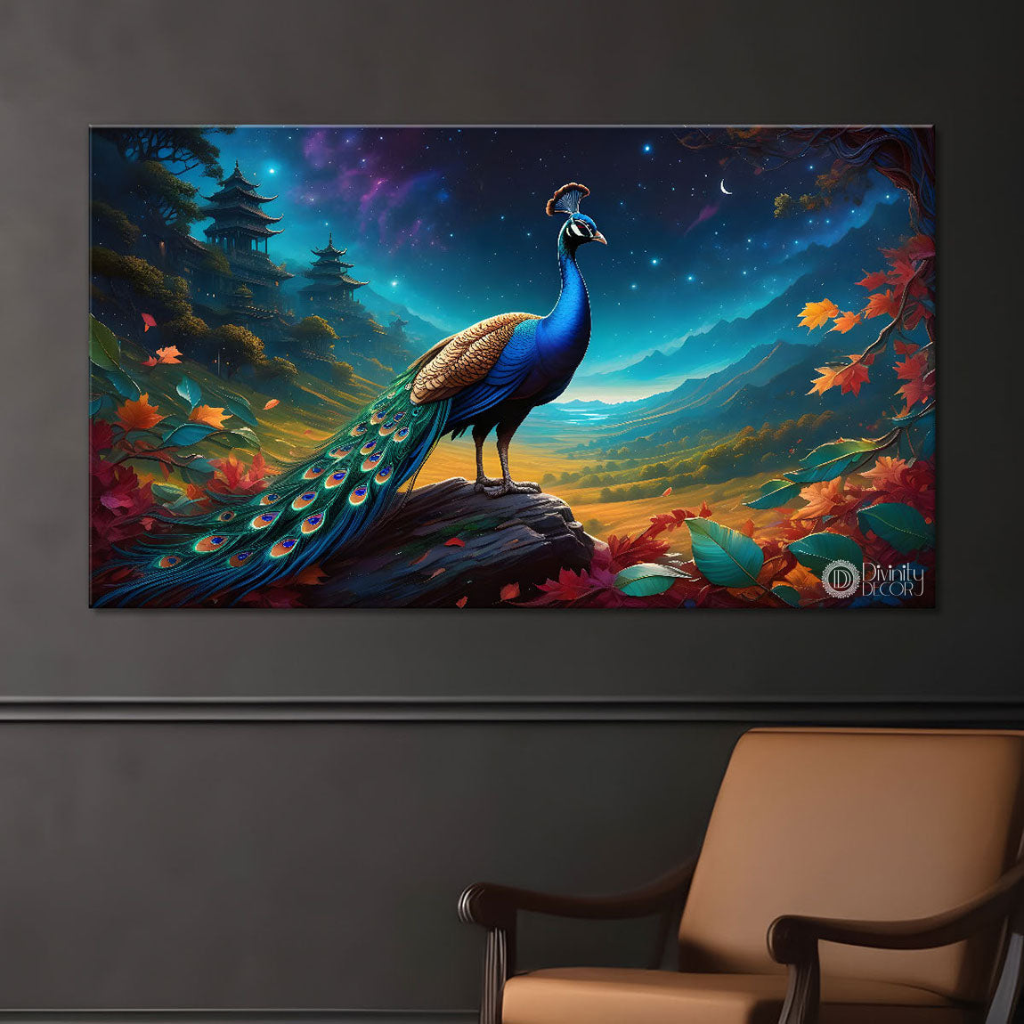 Peacock in blue color background oil painting Canvas Painting - Design - Peacock-41