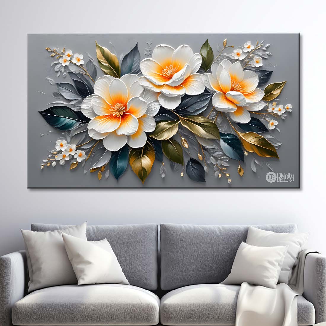White flowers in grey background canvas painting- Flower-410
