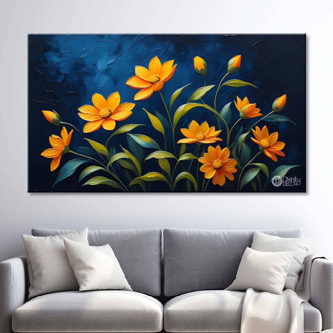 Yellow flowers in navy blue background canvas painting- Flower-411
