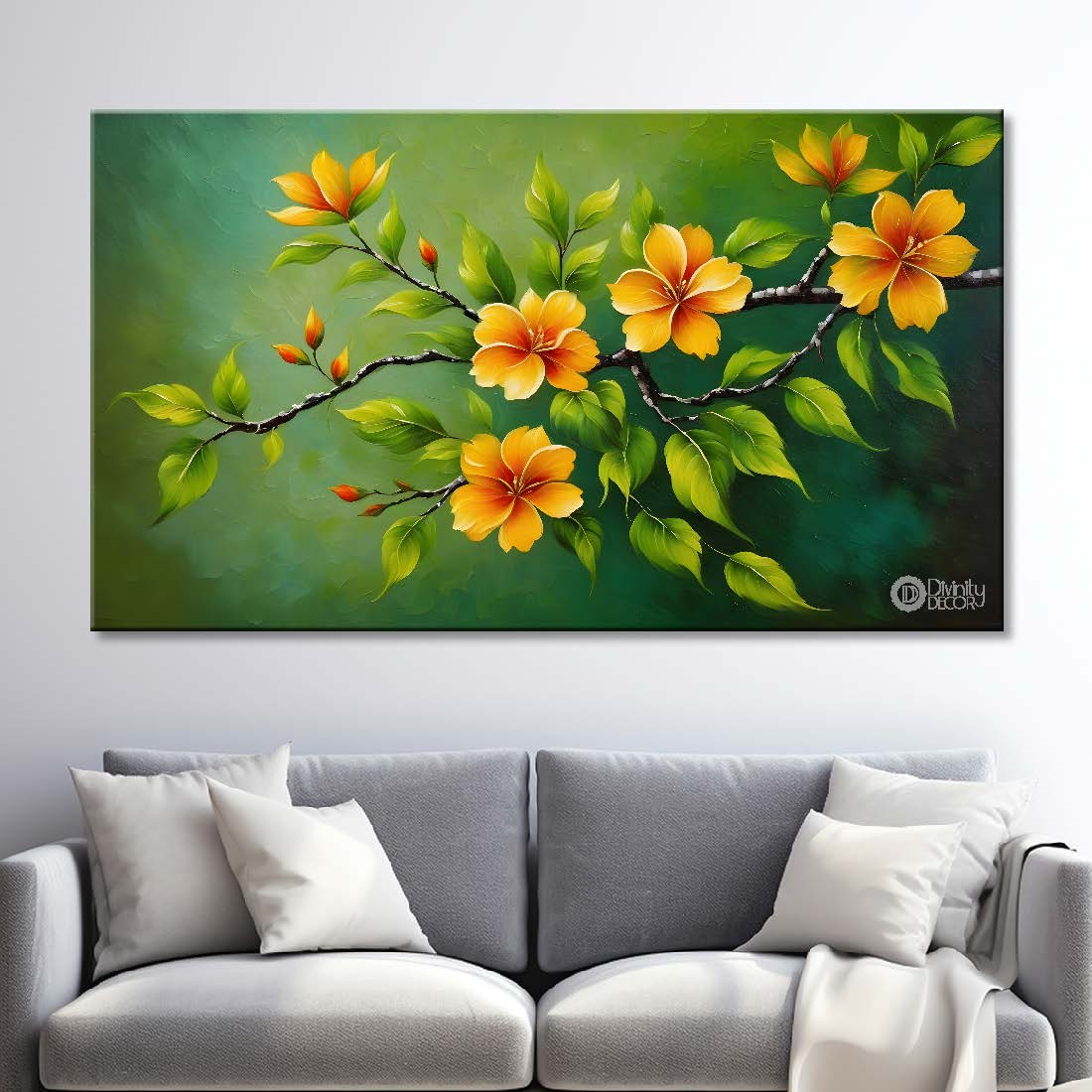 Yellow flowers in green background canvas painting- Flower-412