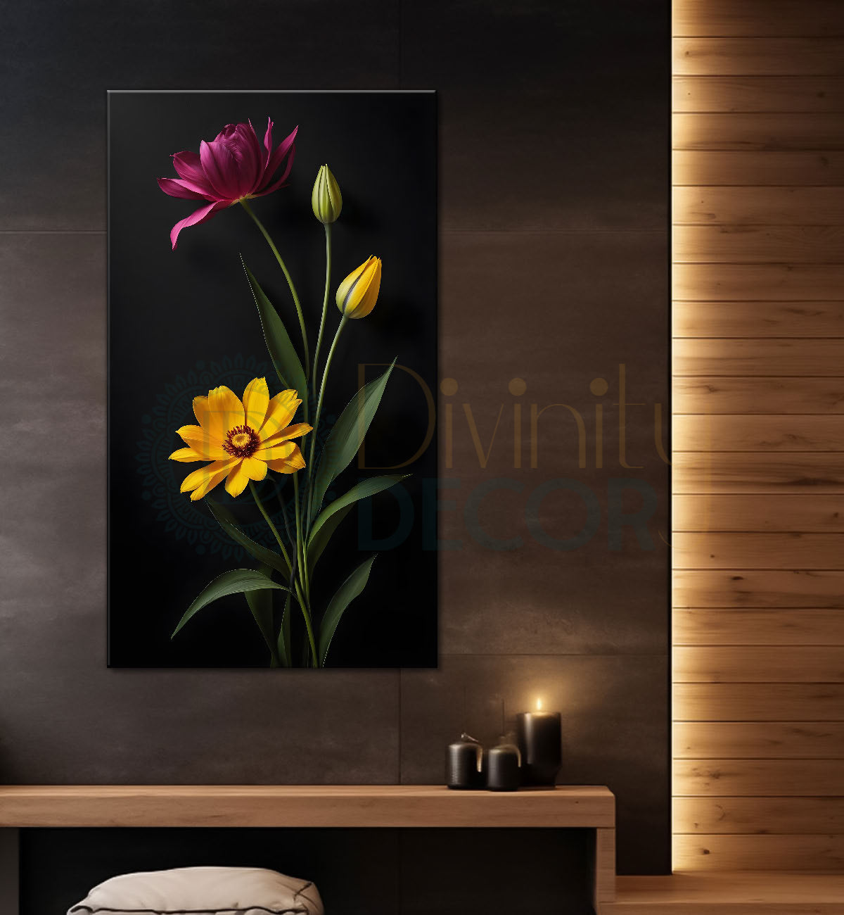 Red and yellow flowers in dark textured painting- Flower-V-412
