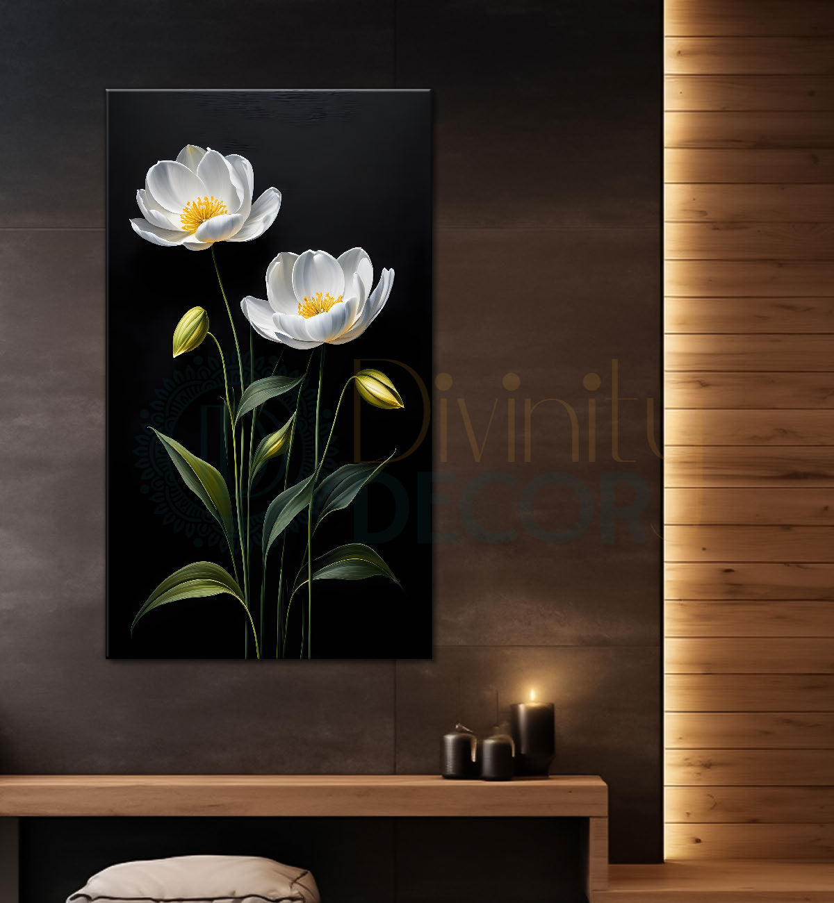 White flowers in dark textured painting- Flower-V-413