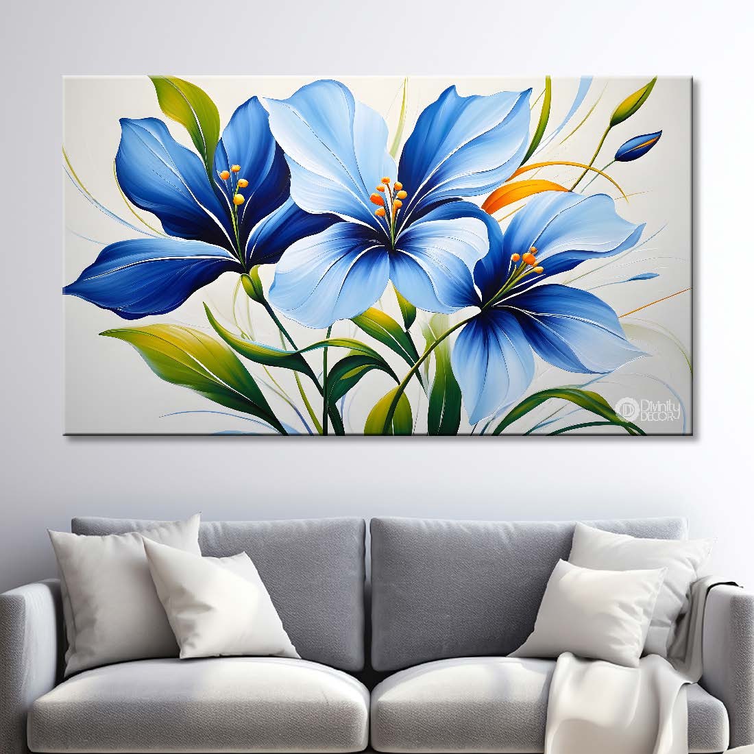 Blue flowers in light background canvas painting- Flower-414