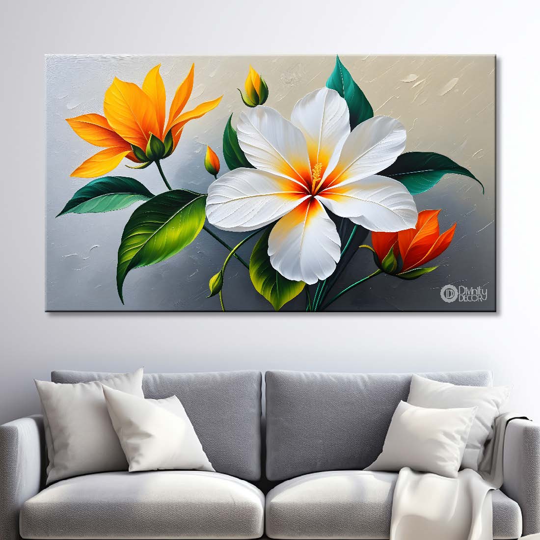 White and yellow flowers in grey background canvas painting- Flower-415