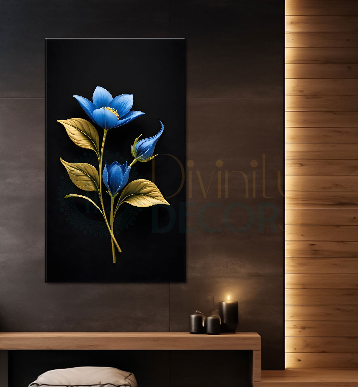 Blue flower in dark textured painting- Flower-V-415