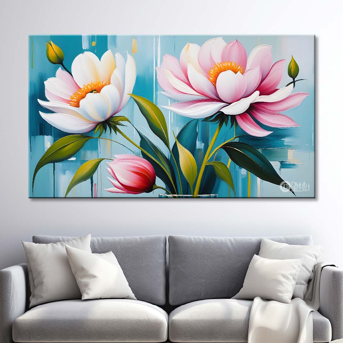 Pink flowers in blue background canvas painting- Flower-416