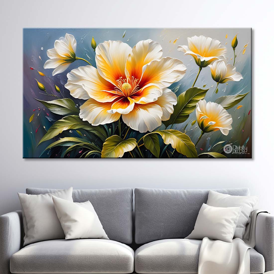 White flowers in grey background canvas painting- Flower-417