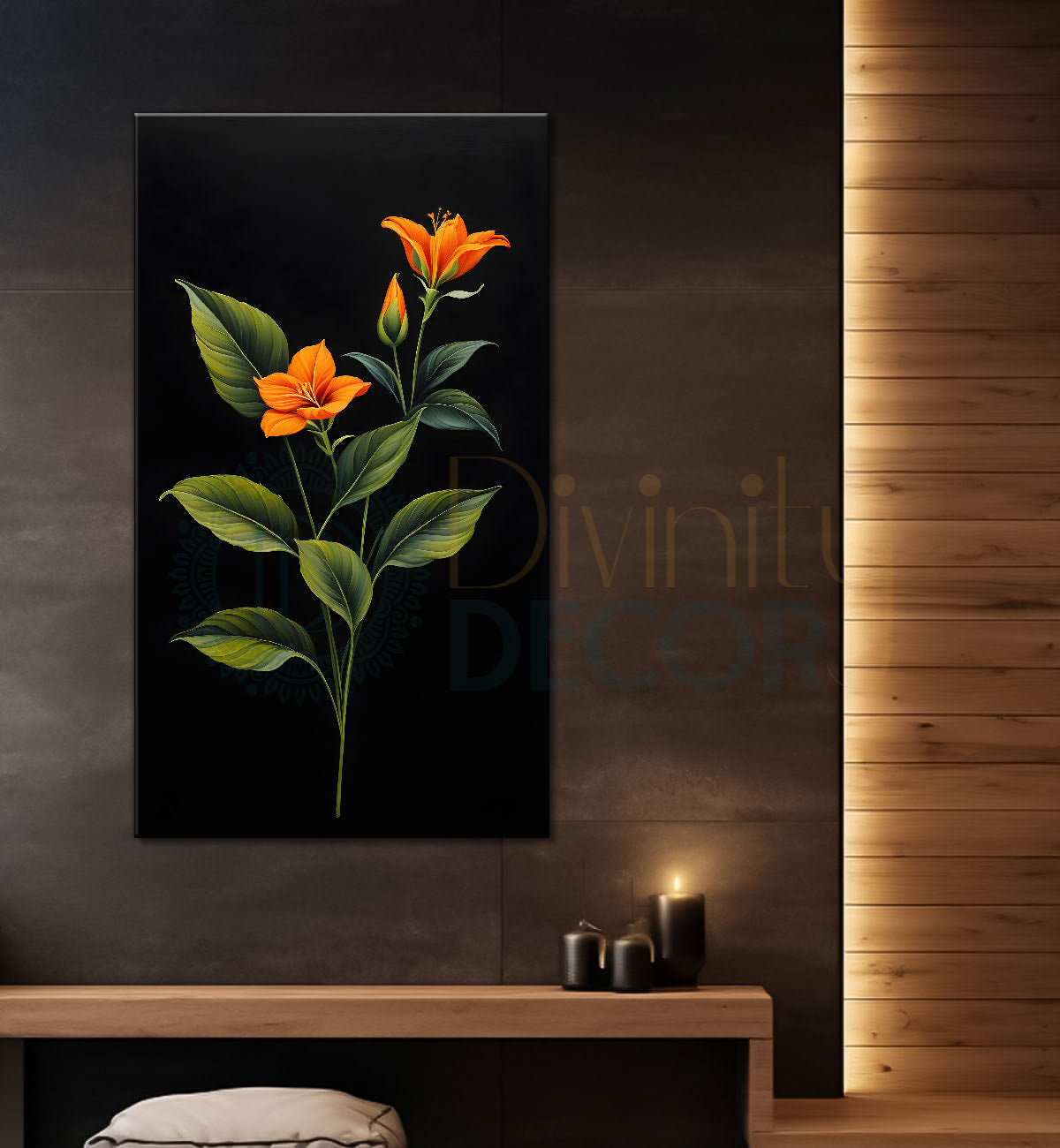 Orange flowers in dark textured painting- Flower-V-417