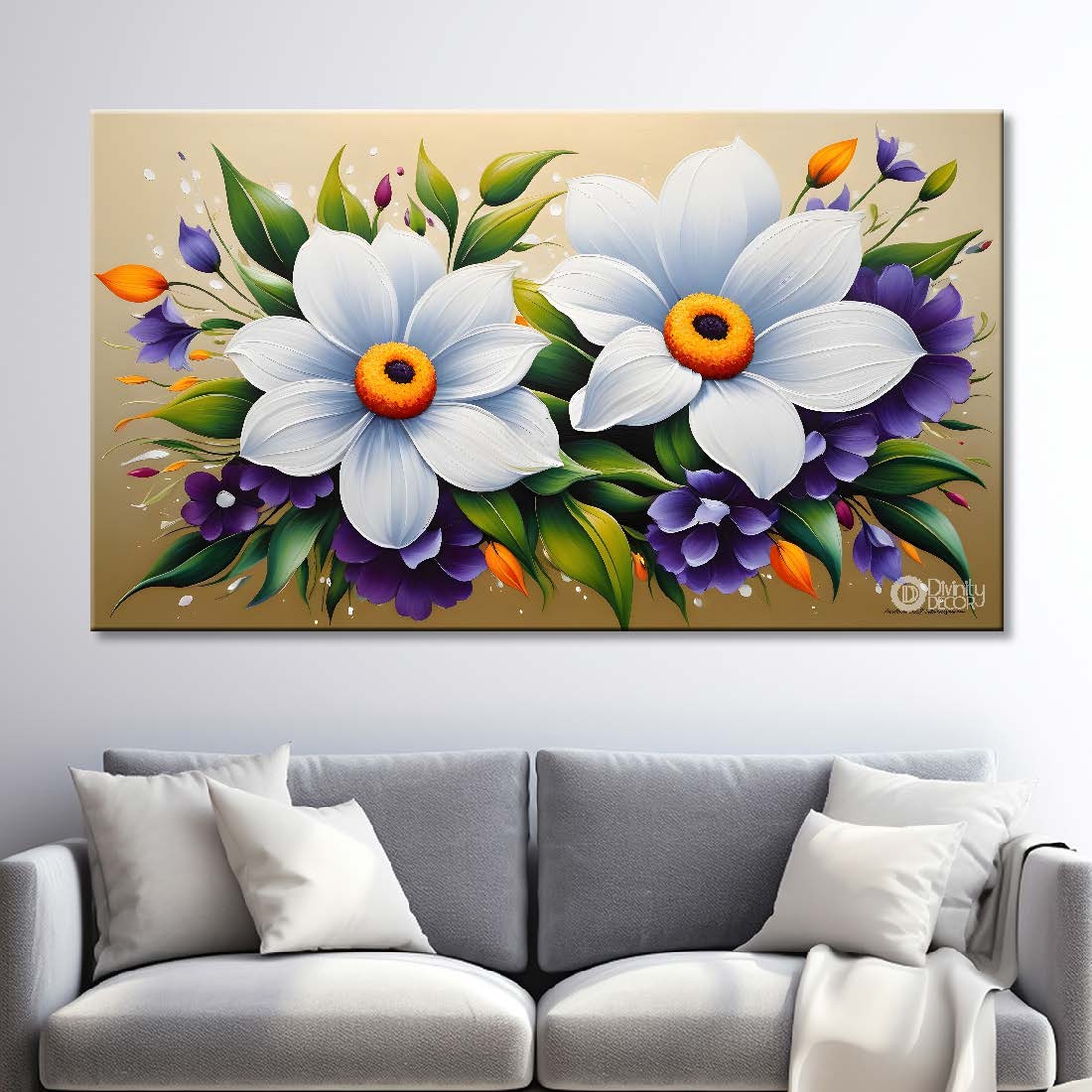 White flowers in light background canvas painting- Flower-418