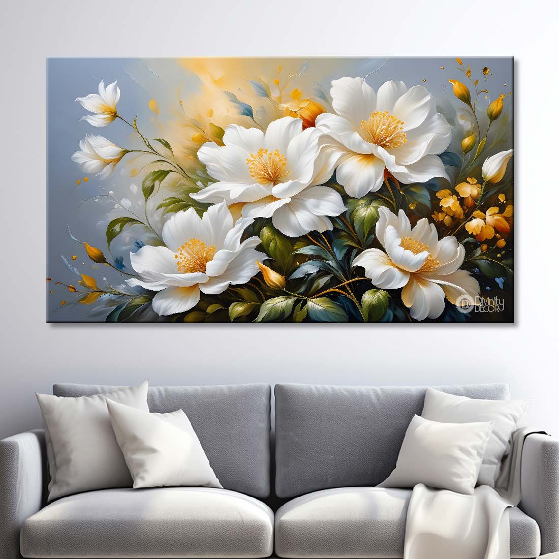 White flowers in grey background canvas painting- Flower-419