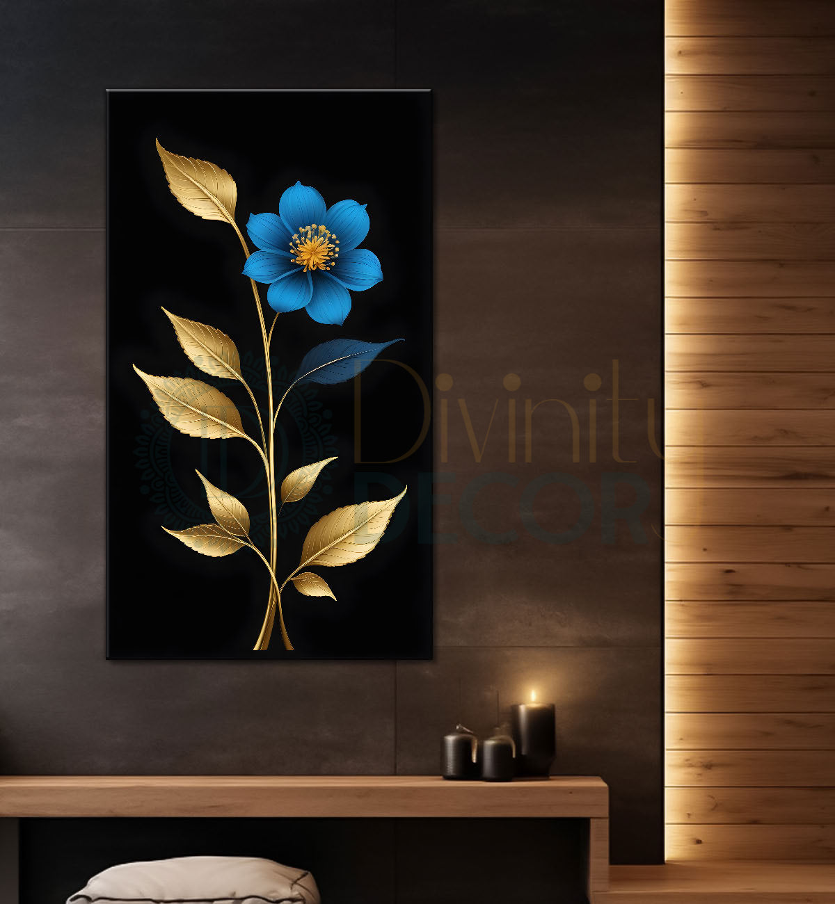 Blue flower in dark textured painting- Flower-V-419