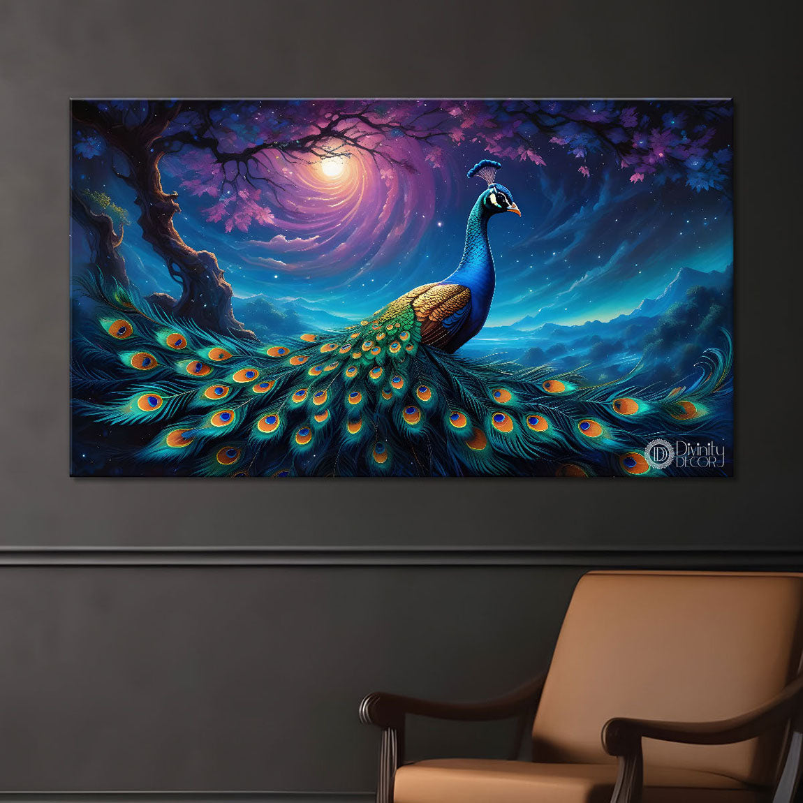 Peacock on the branch with blue background modern art Canvas Painting - Design - Peacock-42