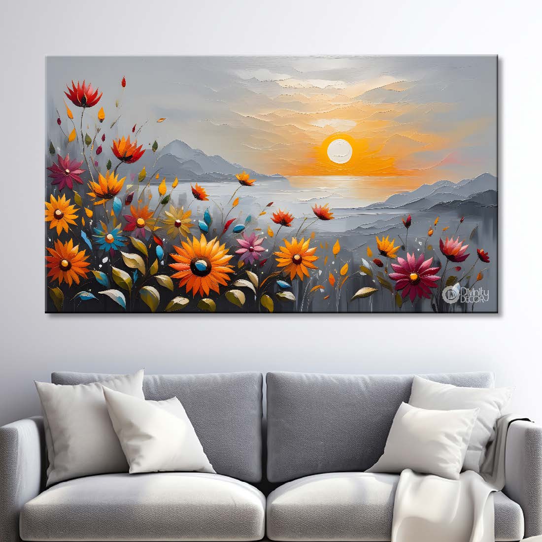 Orange flowers with the sunset and river textured painting canvas painting- Flower-420