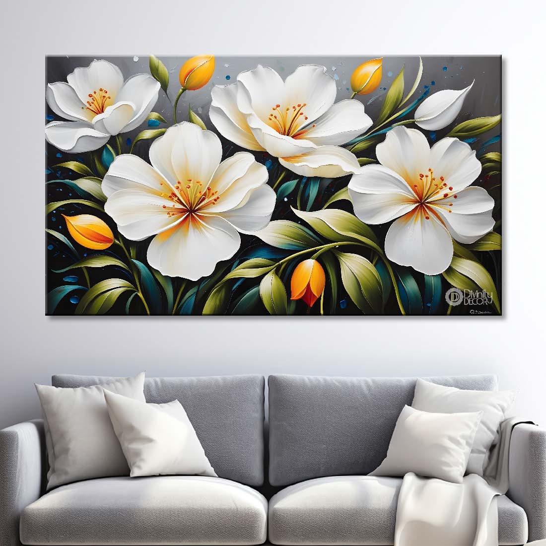 White flowers in grey background canvas painting- Flower-421