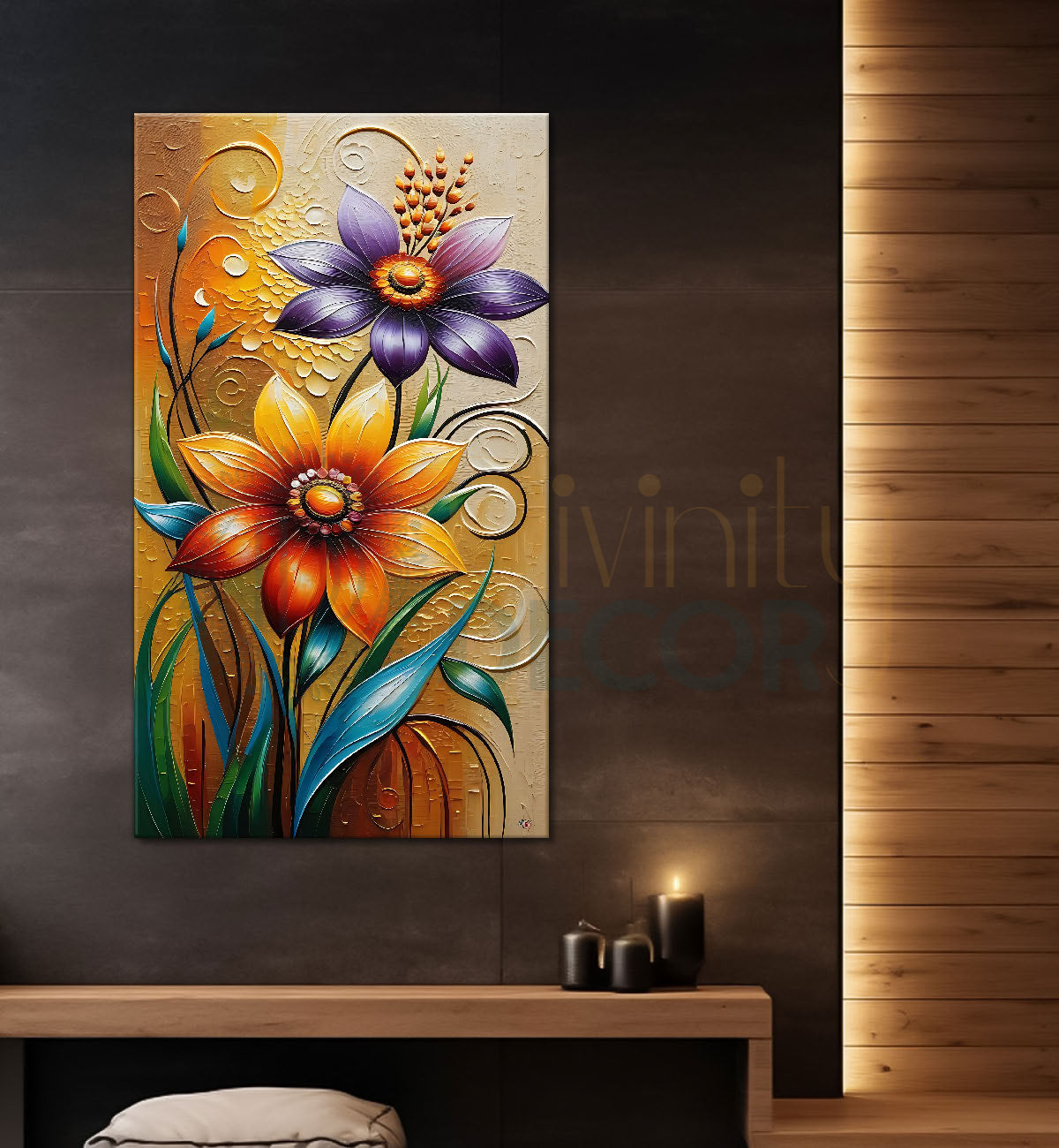 Orange and purple flowers in light brown textured painting- Flower-V-421
