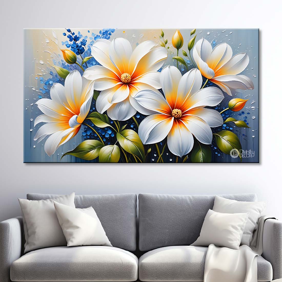 White flowers in blue background canvas painting- Flower-422
