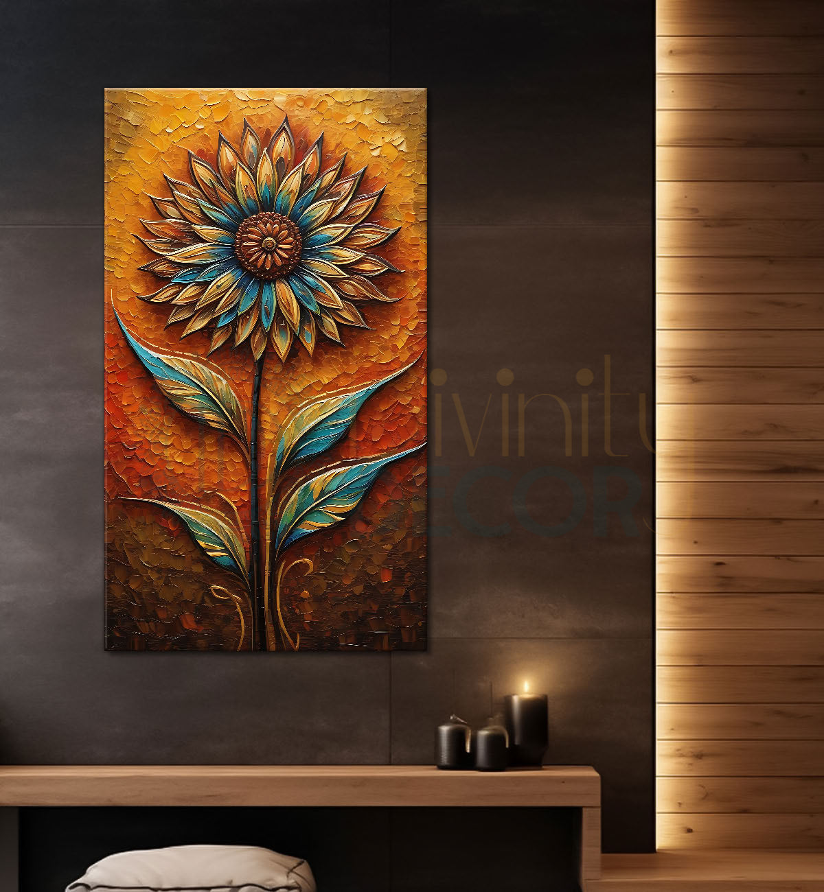 Orange flowers in light brown textured painting- Flower-V-422