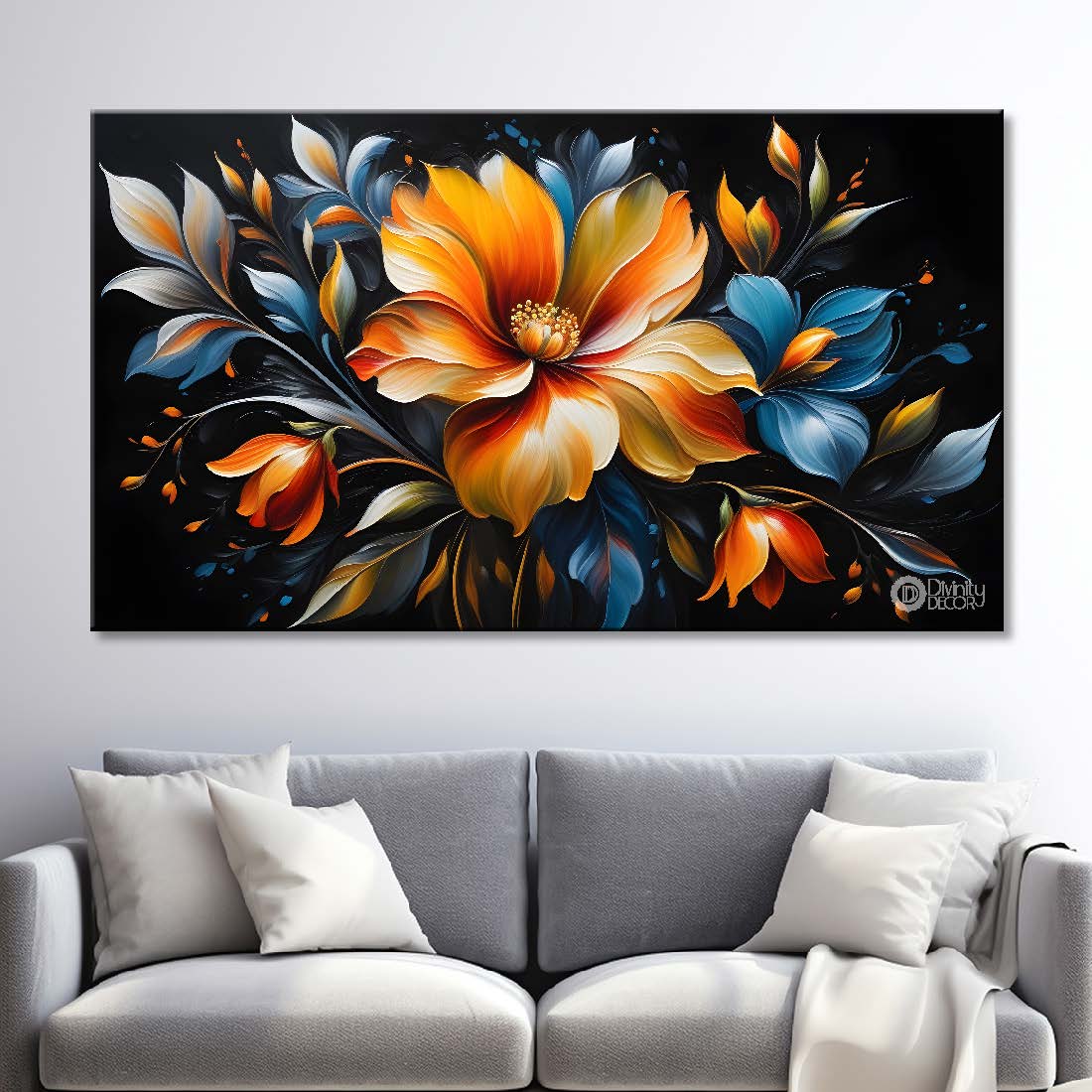 Orange flowers in black background canvas painting- Flower-423