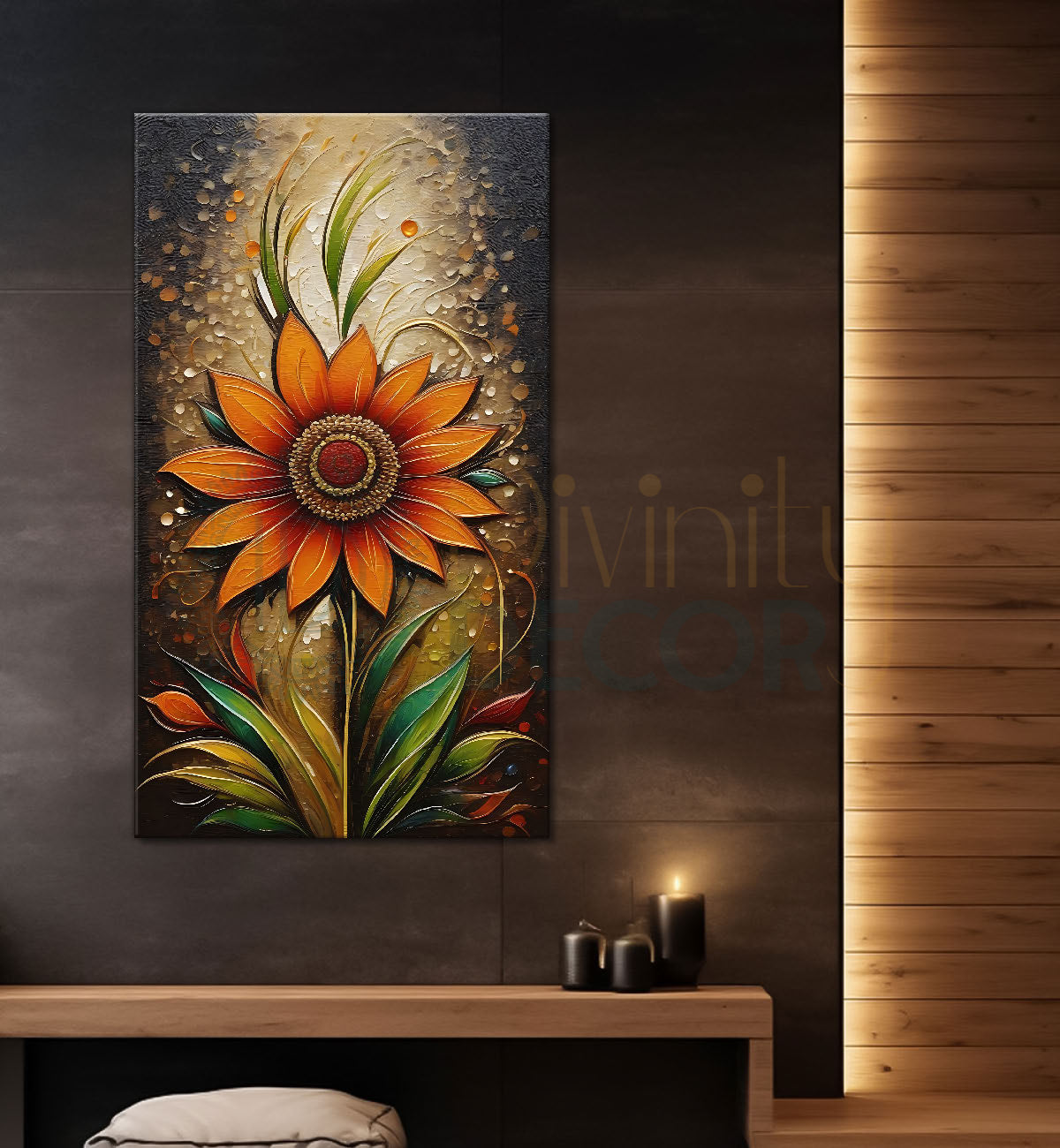 Orange flowers in light brown textured painting- Flower-V-423