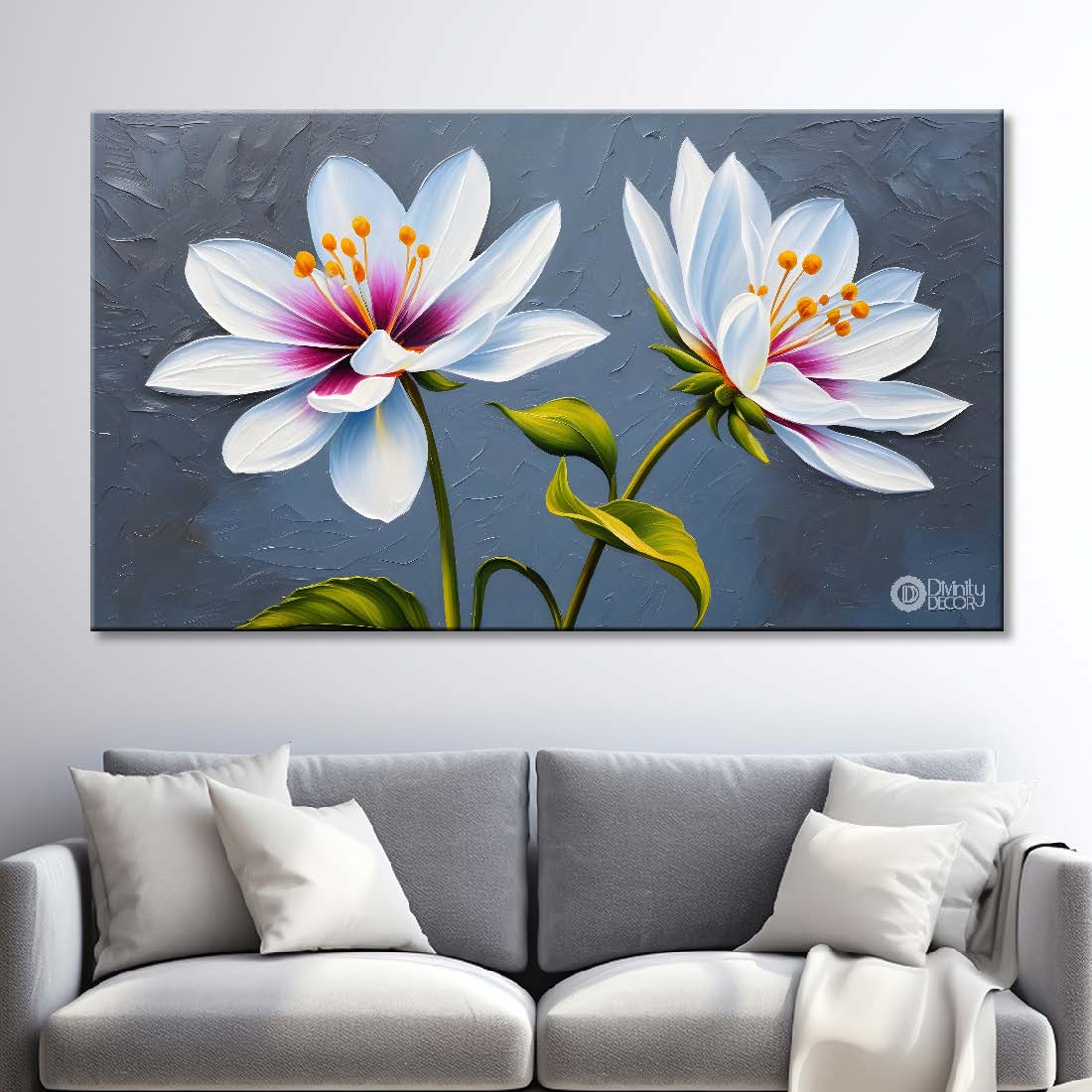 White flowers in grey background canvas painting- Flower-424