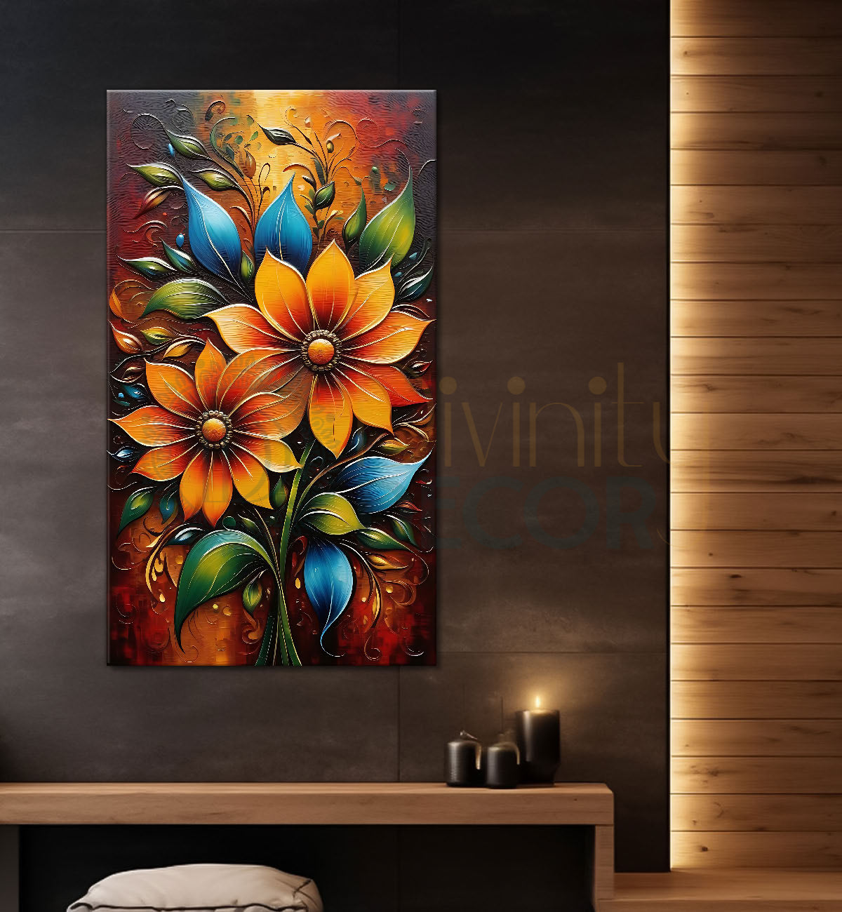 Orange flowers in light brown textured painting- Flower-V-424