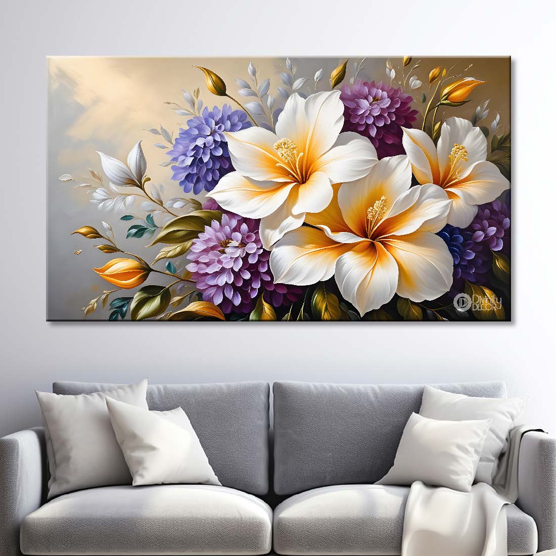 White flowers in light background canvas painting- Flower-425