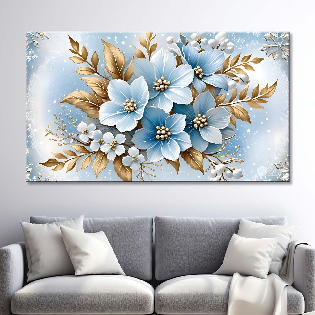 Blue flowers in blue background canvas painting- Flower-426
