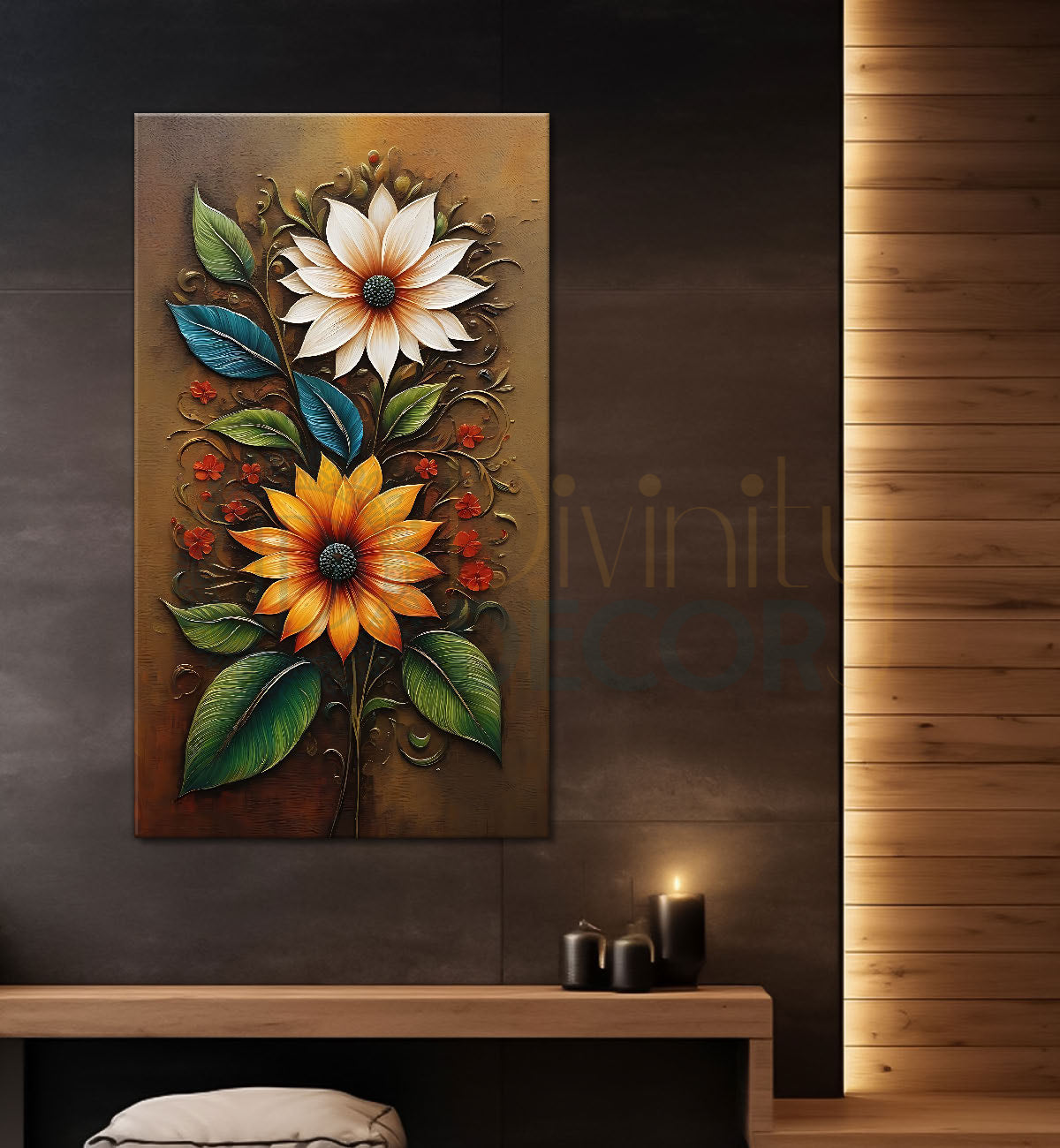 Orange and white flowers in light brown textured painting- Flower-V-426