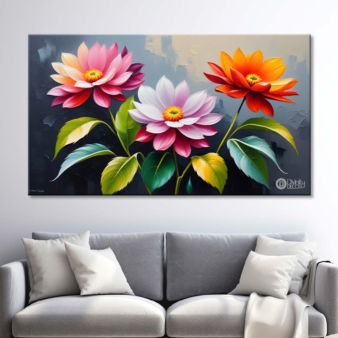 Pink flowers in grey background canvas painting- Flower-427