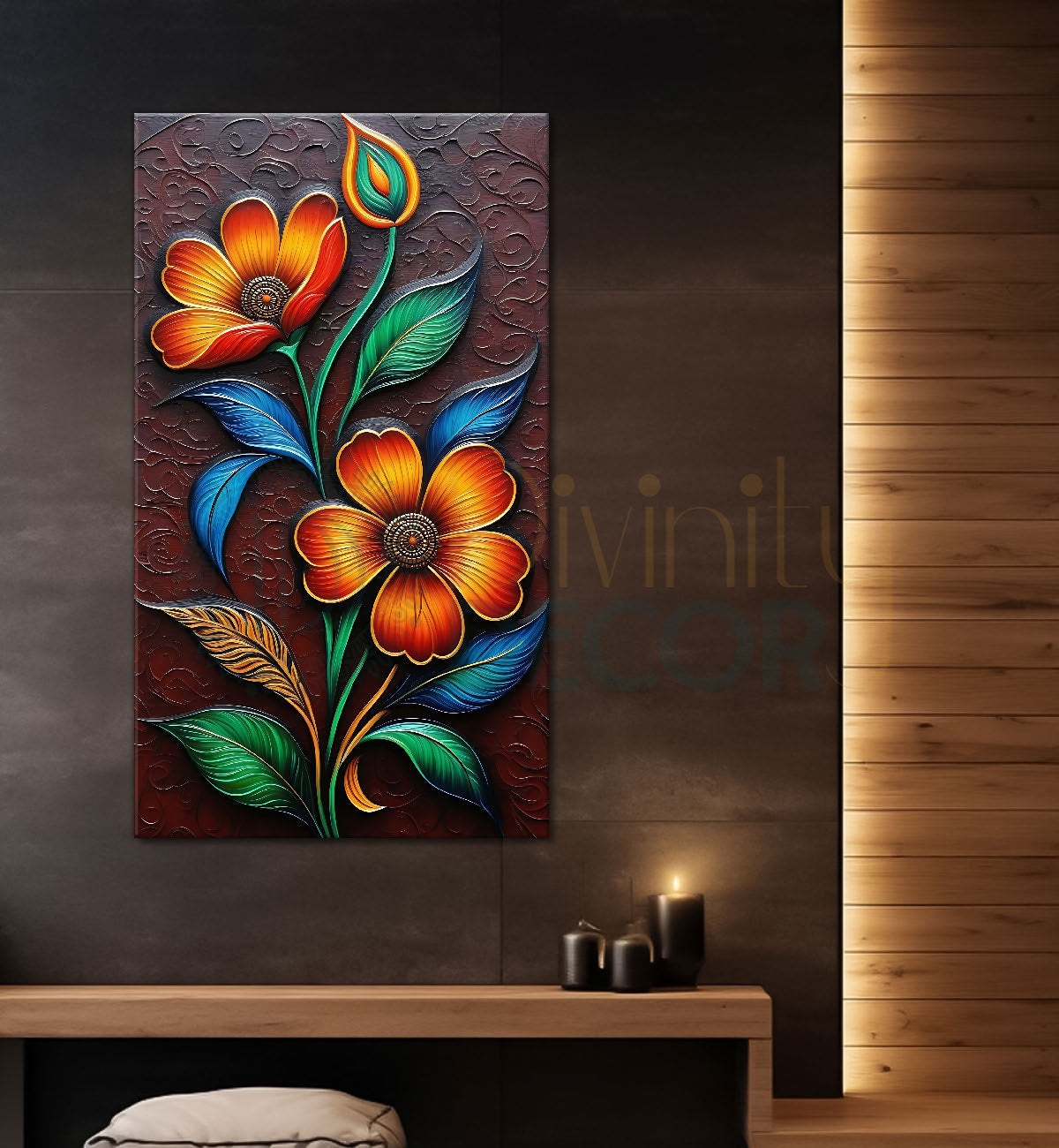 Orange flowers in dark brown textured painting- Flower-V-427