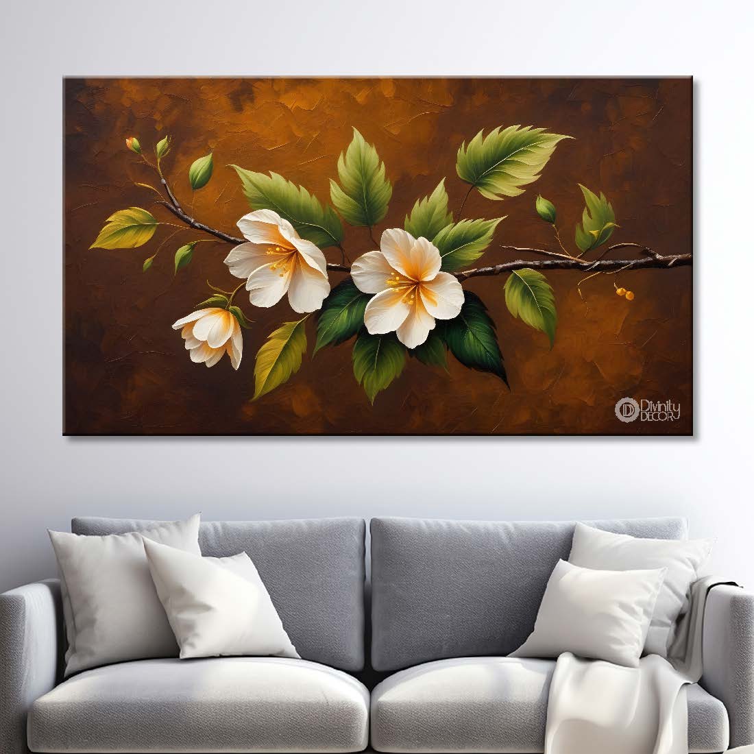 White flowers in brown background canvas painting- Flower-429