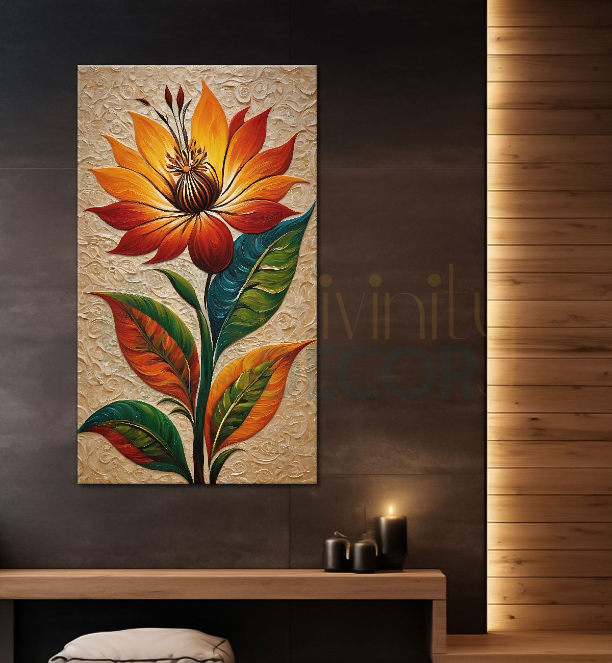 Orange flowers in orange brown textured painting- Flower-V-429