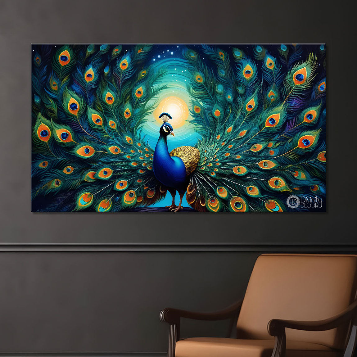 Peacock in blue color background oil painting Canvas Painting - Design - Peacock-43