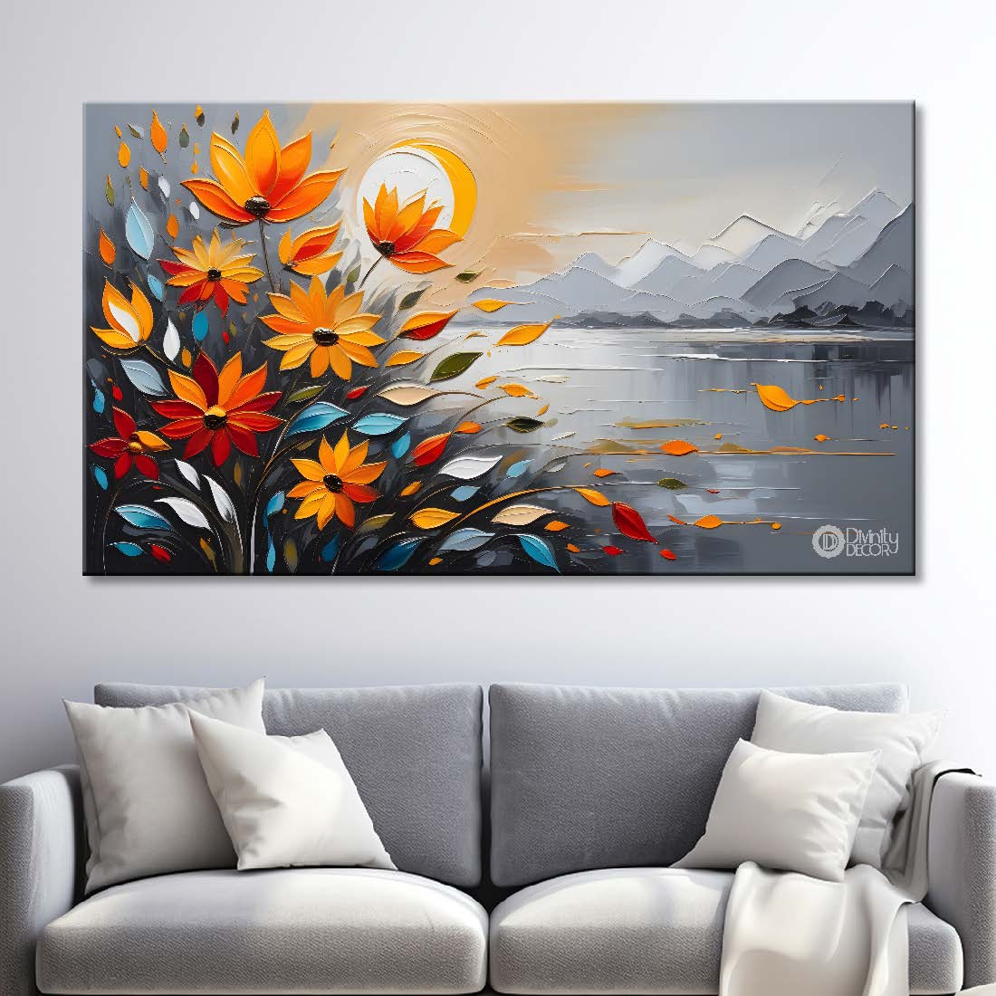 Orange flowers with the sunset and river textured painting canvas painting- Flower-430