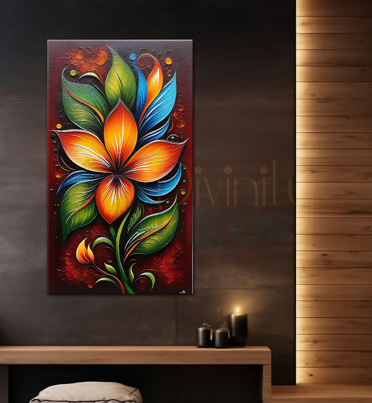 Orange flowers in brown textured painting- Flower-V-430