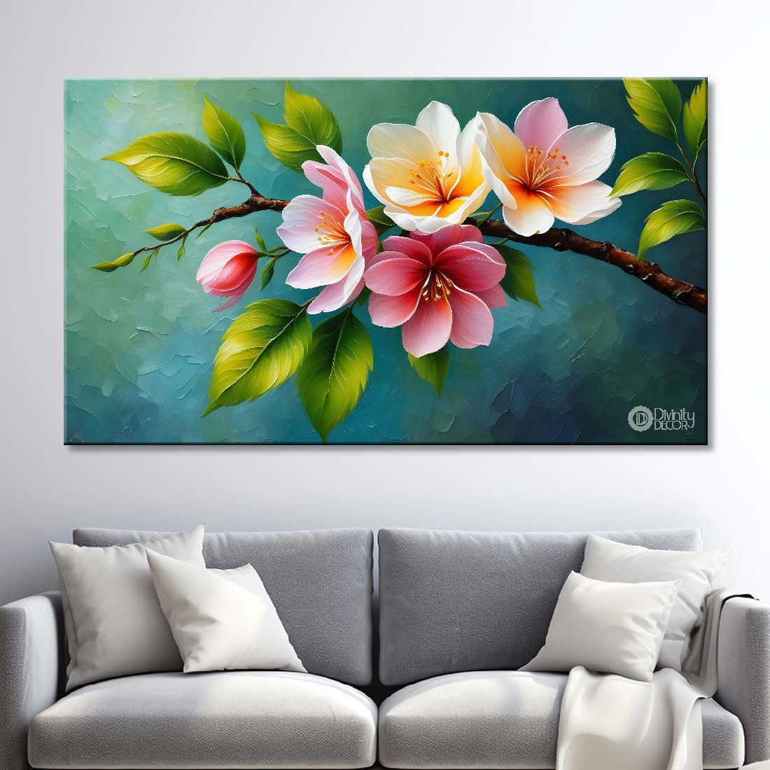 Pink flowers in green background canvas painting- Flower-431