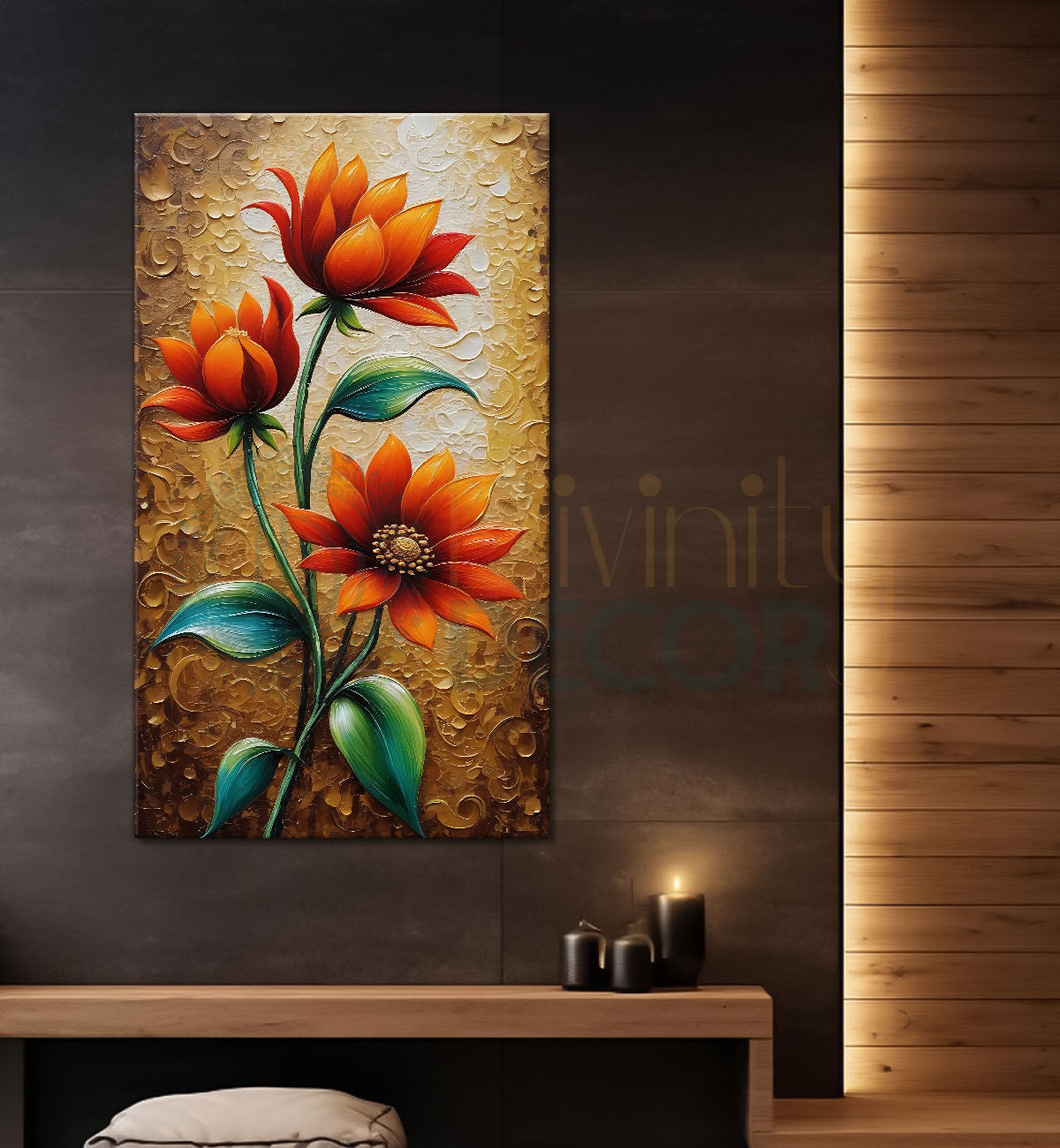 Orange flowers in light brown textured painting- Flower-V-431