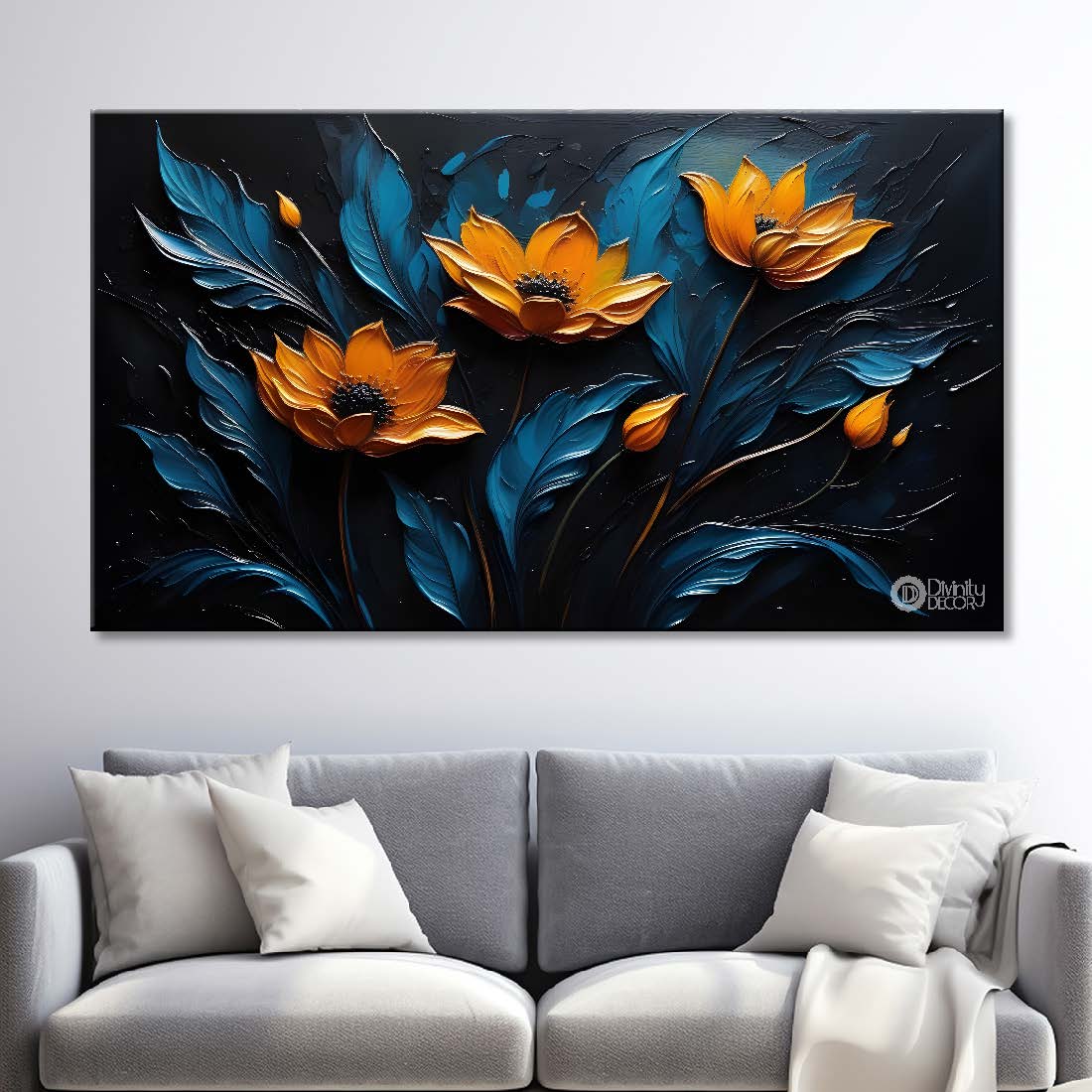 Yellow flowers in green and dark background canvas painting- Flower-432