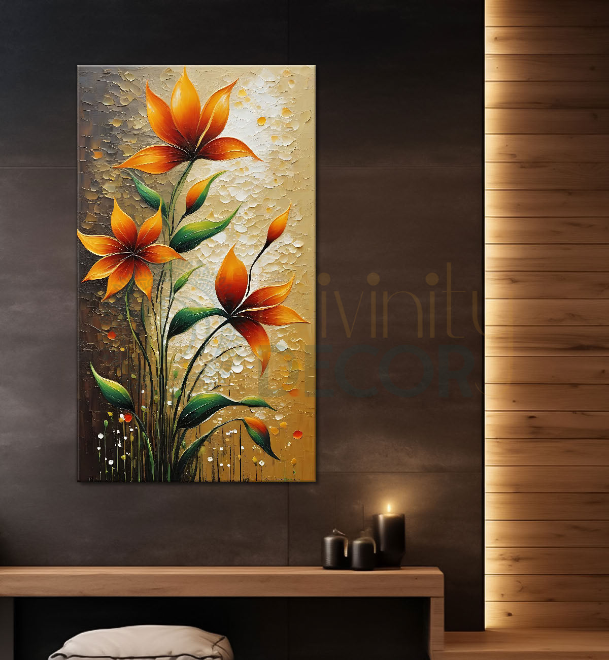 Orange flowers in light brown textured painting- Flower-V-432
